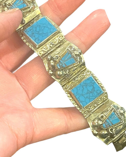 Vintage Mexico Alpaca silver Simulated turquoise mayan Aztec warrior bracelet