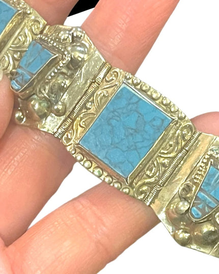 Vintage Mexico Alpaca silver Simulated turquoise mayan Aztec warrior bracelet