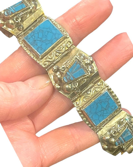 Vintage Mexico Alpaca silver Simulated turquoise mayan Aztec warrior bracelet