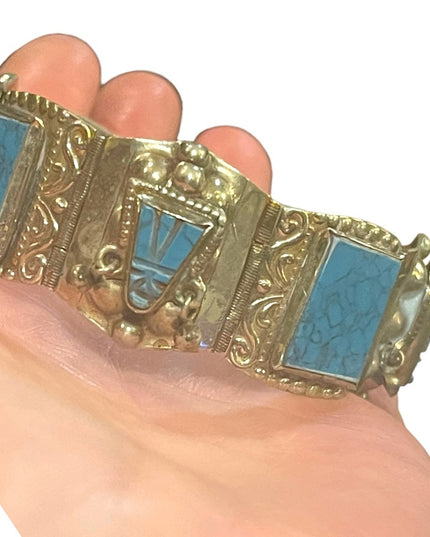 Vintage Mexico Alpaca silver Simulated turquoise mayan Aztec warrior bracelet