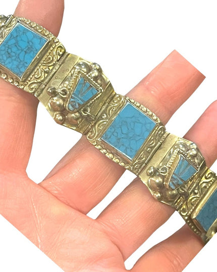 Vintage Mexico Alpaca silver Simulated turquoise mayan Aztec warrior bracelet