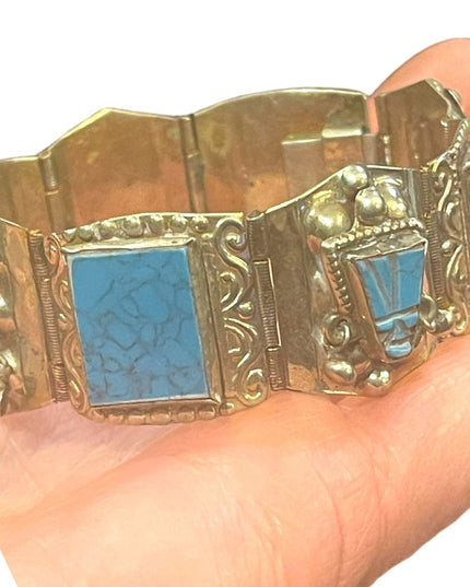 Vintage Mexico Alpaca silver Simulated turquoise mayan Aztec warrior bracelet