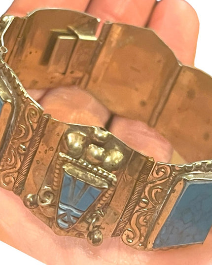 Vintage Mexico Alpaca silver Simulated turquoise mayan Aztec warrior bracelet