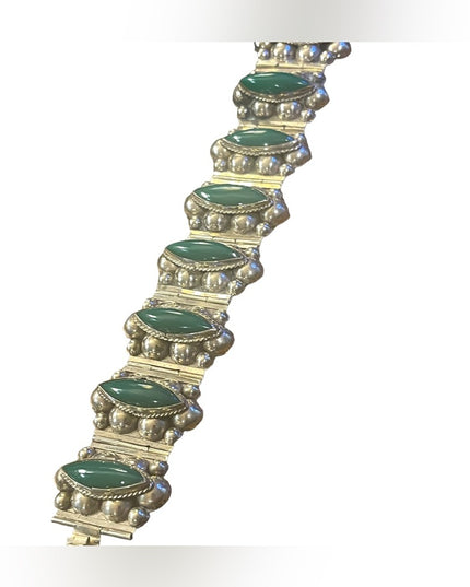 Vintage Hecho en Mexico Mid century Alpaca Green Onyx panel chunky bracelet