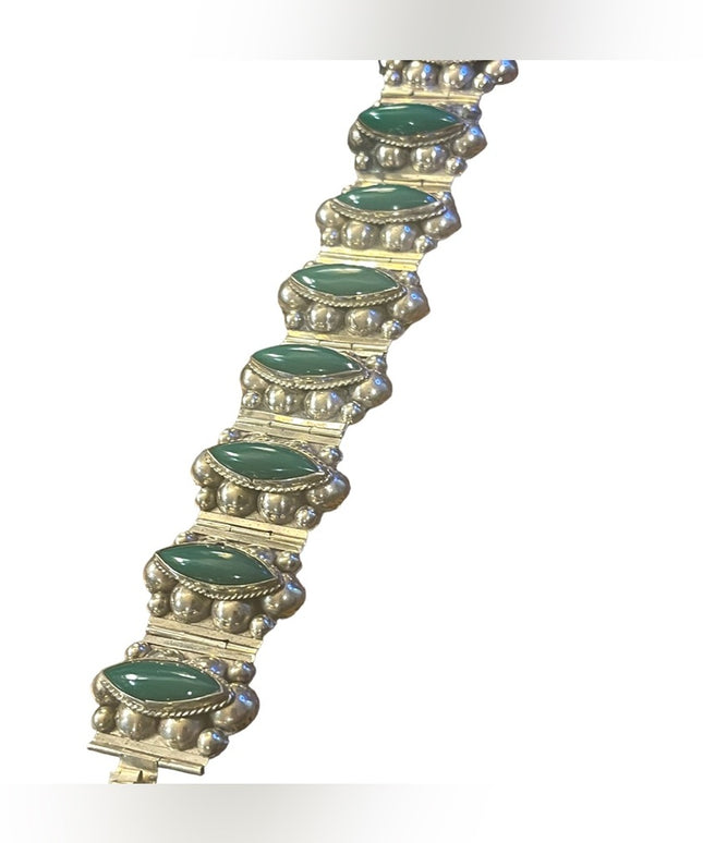 Vintage Hecho en Mexico Mid century Alpaca Green Onyx panel chunky bracelet