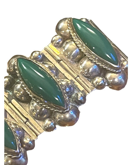 Vintage Hecho en Mexico Mid century Alpaca Green Onyx panel chunky bracelet