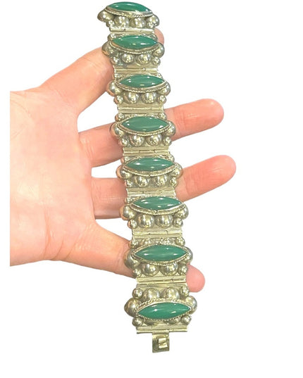 Vintage Hecho en Mexico Mid century Alpaca Green Onyx panel chunky bracelet