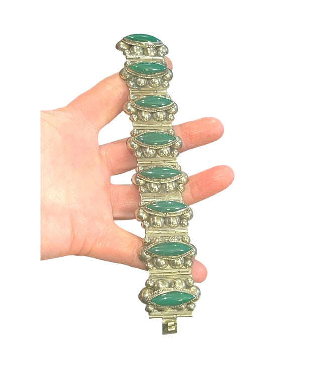 Vintage Hecho en Mexico Mid century Alpaca Green Onyx panel chunky bracelet