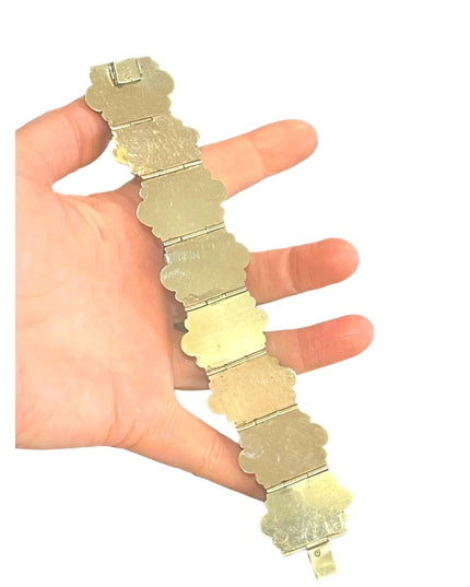 Vintage Hecho en Mexico Mid century Alpaca Green Onyx panel chunky bracelet