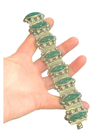 Vintage Hecho en Mexico Mid century Alpaca Green Onyx panel chunky bracelet