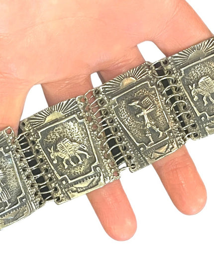 Vintage 800 Silver story book chunky link panel bracelet Latin Columbian
