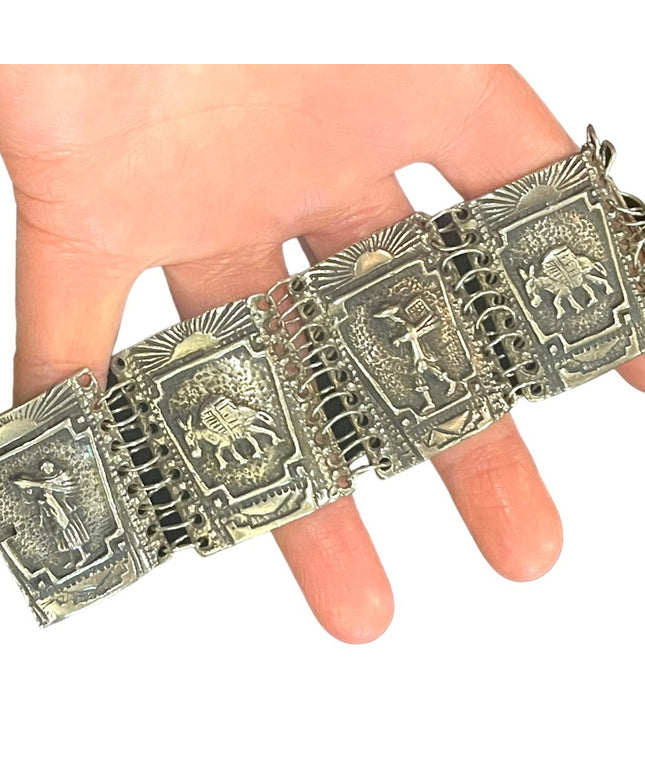 Vintage 800 Silver story book chunky link panel bracelet Latin Columbian
