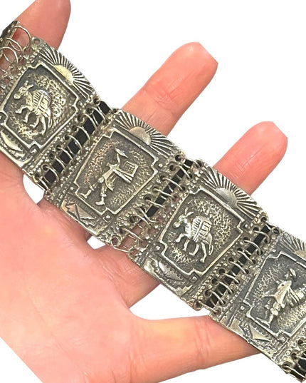Vintage 800 Silver story book chunky link panel bracelet Latin Columbian