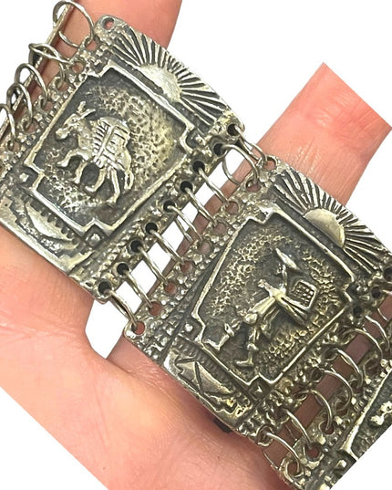 Vintage 800 Silver story book chunky link panel bracelet Latin Columbian