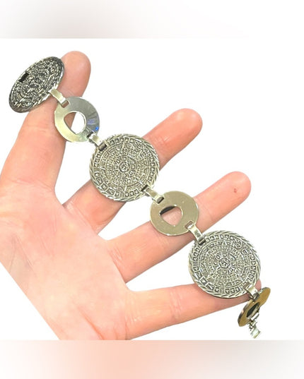 Vintage sterling silver Mexico Mayan Aztec Calendar disk link bracelet