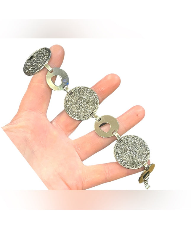 Vintage sterling silver Mexico Mayan Aztec Calendar disk link bracelet
