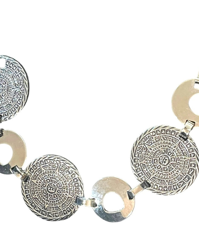 Vintage sterling silver Mexico Mayan Aztec Calendar disk link bracelet