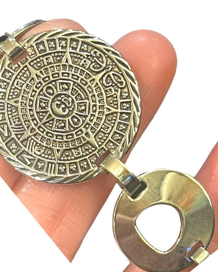 Vintage sterling silver Mexico Mayan Aztec Calendar disk link bracelet