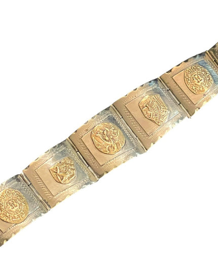 Vintage Silver & gold Two Tone Aztec Mayan Bracelet Mexico symbols  calendar