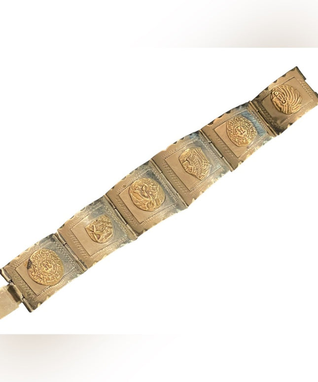 Vintage Silver & gold Two Tone Aztec Mayan Bracelet Mexico symbols  calendar