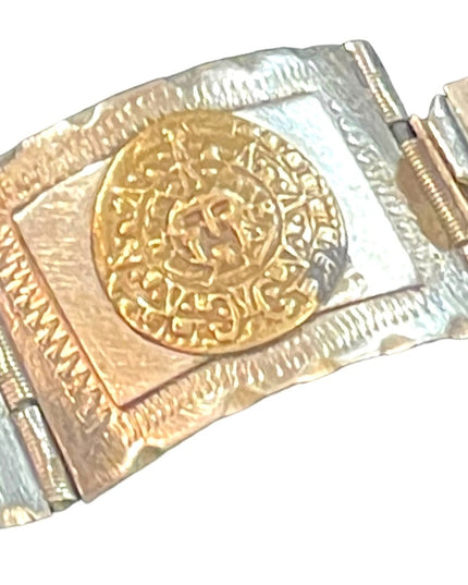Vintage Silver & gold Two Tone Aztec Mayan Bracelet Mexico symbols  calendar
