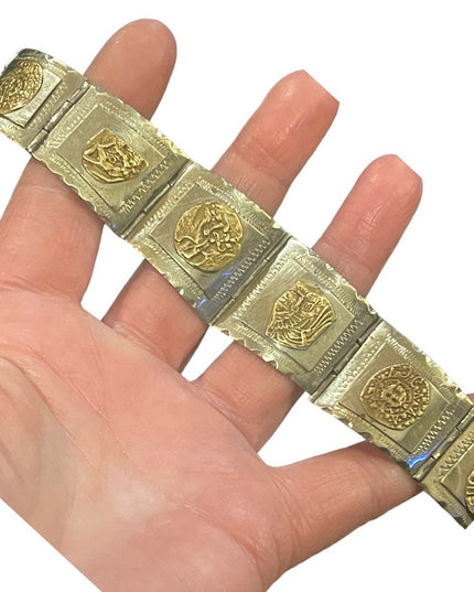 Vintage Silver & gold Two Tone Aztec Mayan Bracelet Mexico symbols  calendar