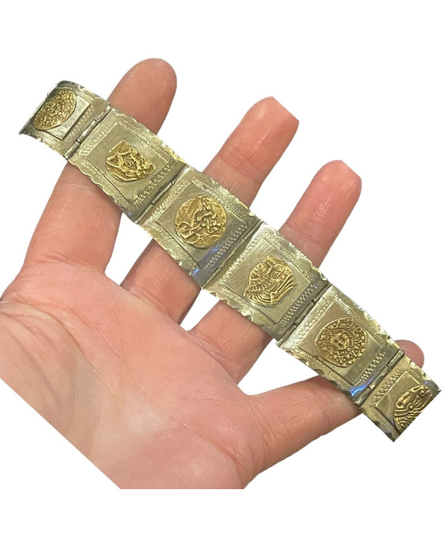 Vintage Silver & gold Two Tone Aztec Mayan Bracelet Mexico symbols  calendar