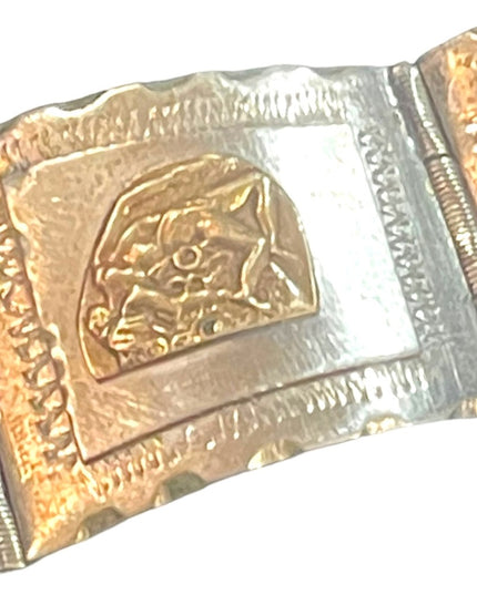 Vintage Silver & gold Two Tone Aztec Mayan Bracelet Mexico symbols  calendar