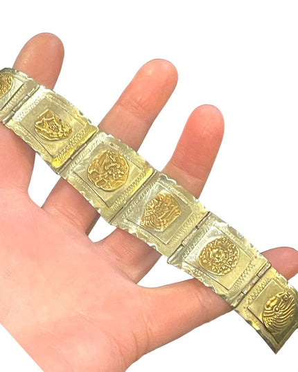 Vintage Silver & gold Two Tone Aztec Mayan Bracelet Mexico symbols  calendar