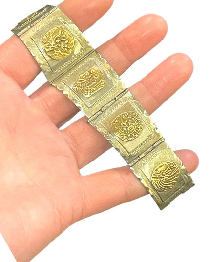 Vintage Silver & gold Two Tone Aztec Mayan Bracelet Mexico symbols  calendar