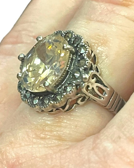 Sterling high quality designer chunky CZ & Marcasite ornate Victorian style ring