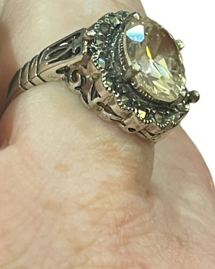 Sterling high quality designer chunky CZ & Marcasite ornate Victorian style ring