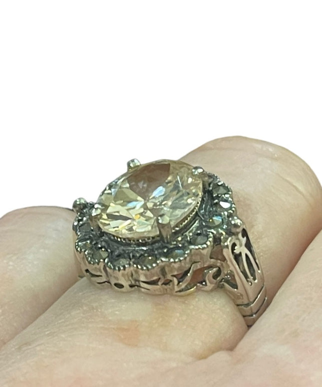 Sterling high quality designer chunky CZ & Marcasite ornate Victorian style ring