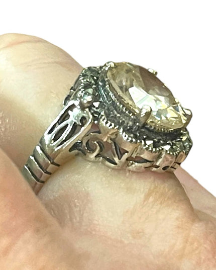 Sterling high quality designer chunky CZ & Marcasite ornate Victorian style ring