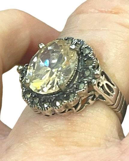 Sterling high quality designer chunky CZ & Marcasite ornate Victorian style ring