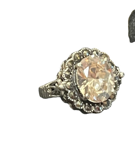 Sterling high quality designer chunky CZ & Marcasite ornate Victorian style ring