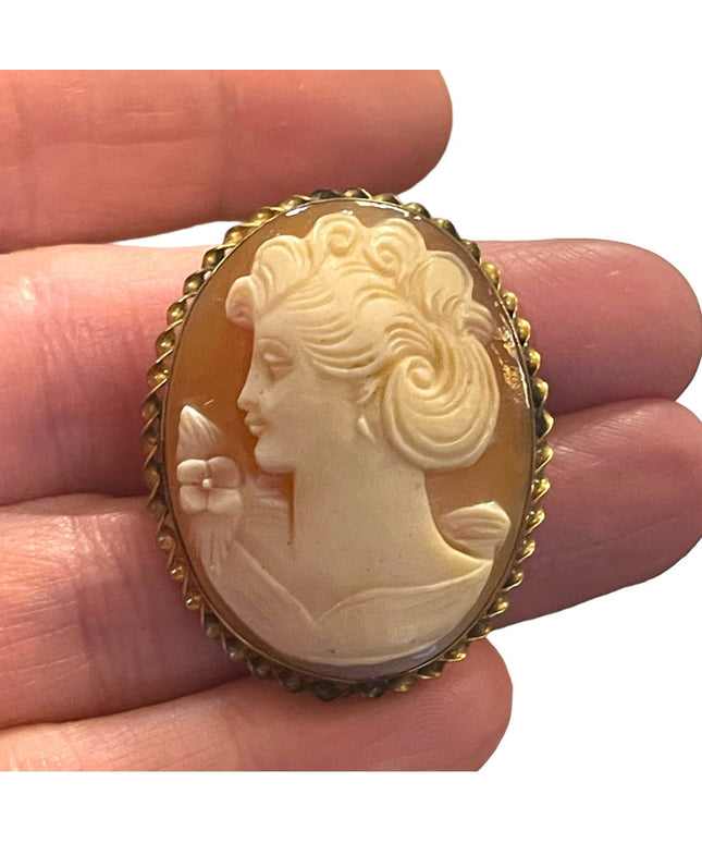 Vintage 12k GF Carved shell Cameo pendant brooch Left facing 1960s