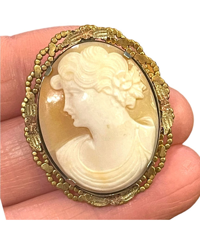 Vintage gold filled 1950s Carved shell cameo Left facing brooch pendant