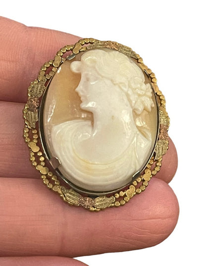 Vintage gold filled 1950s Carved shell cameo Left facing brooch pendant