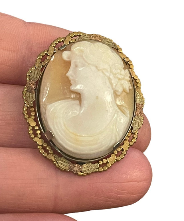 Vintage gold filled 1950s Carved shell cameo Left facing brooch pendant