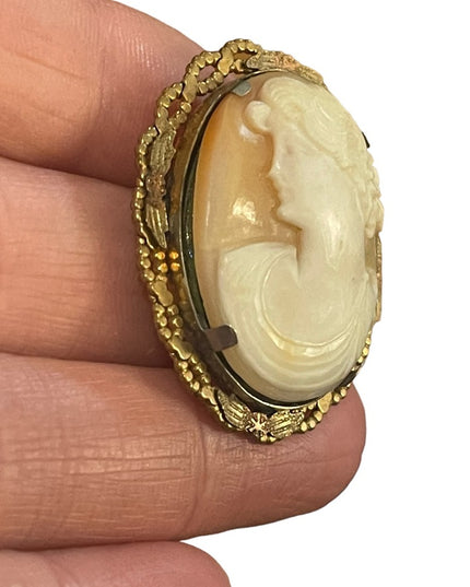 Vintage gold filled 1950s Carved shell cameo Left facing brooch pendant