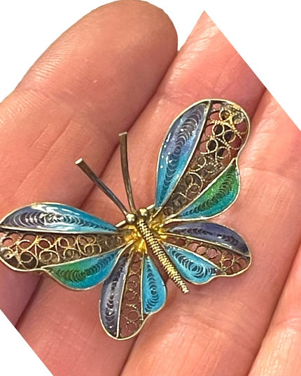 Antique Sterling silver 925 chinese export filagree enameled butterfly brooch