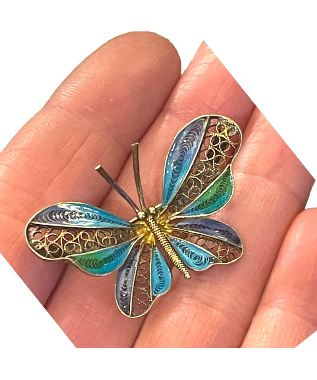 Antique Sterling silver 925 chinese export filagree enameled butterfly brooch