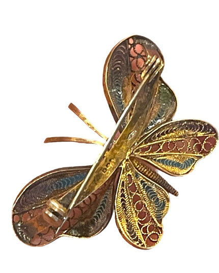 Antique Sterling silver 925 chinese export filagree enameled butterfly brooch