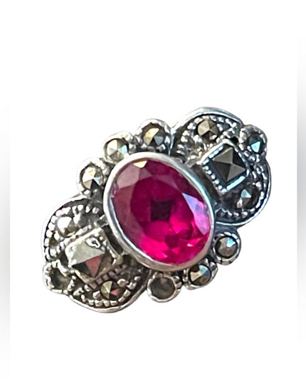 Sterling silver 925 Marcasite Simulated ruby crystal Fancy ring