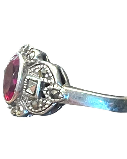Sterling silver 925 Marcasite Simulated ruby crystal Fancy ring