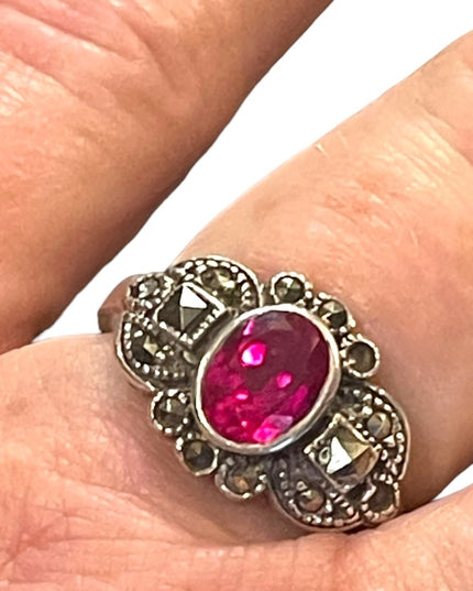 Sterling silver 925 Marcasite Simulated ruby crystal Fancy ring