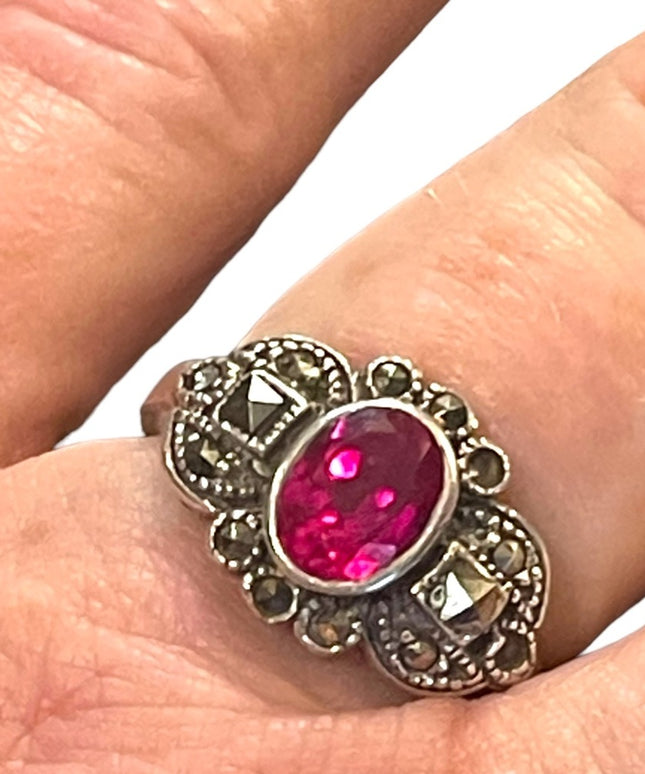 Sterling silver 925 Marcasite Simulated ruby crystal Fancy ring