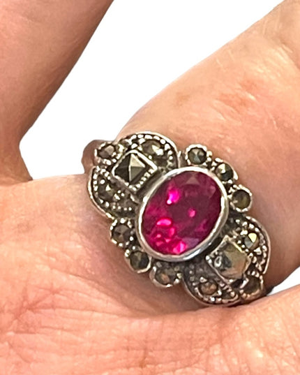 Sterling silver 925 Marcasite Simulated ruby crystal Fancy ring