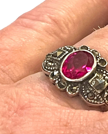 Sterling silver 925 Marcasite Simulated ruby crystal Fancy ring